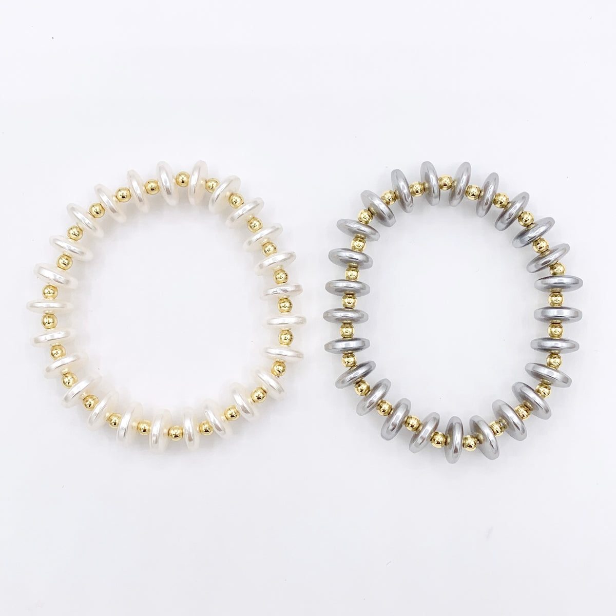 Coin Shape Shell Pearl & 18K Gold Plated Hematite Stretchy Bracelet 1 piece 6-6.25"