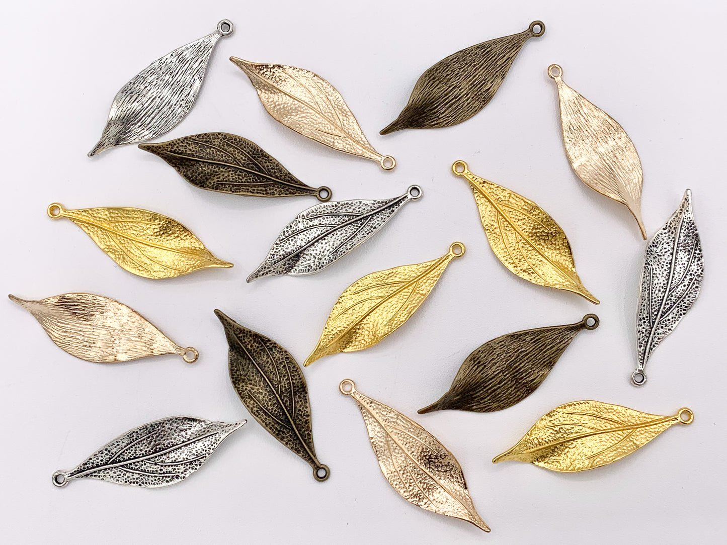 16x49mm Pewter Carved Wavy Thin Leaf Pendants Bulk Order in Gold, Rosy Gold, Silver, Brass 125g
