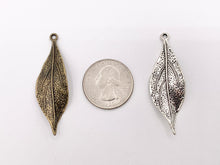 Load image into Gallery viewer, 16x49mm Pewter Carved Wavy Thin Leaf Pendants Bulk Order in Gold, Rosy Gold, Silver, Brass 125g
