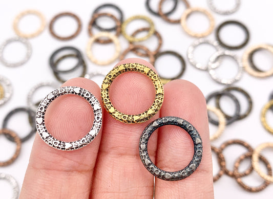 14mm Pewter Textured Heart Carved Circle Ring Pendants Bulk Order in Gold, Rosy Gold, Silver, Brass, Copper, Gunmetal