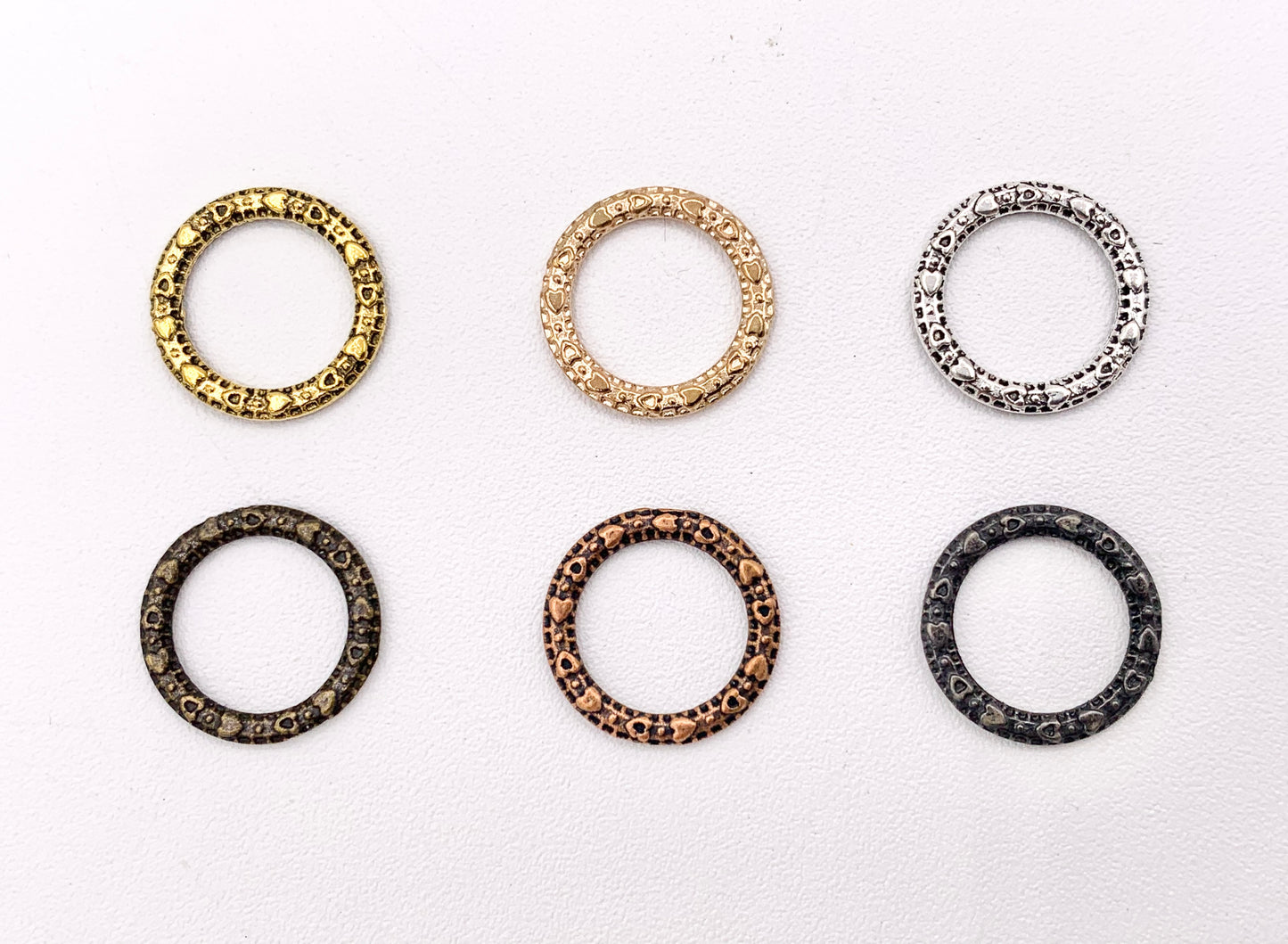 14mm Pewter Textured Heart Carved Circle Ring Pendants Bulk Order in Gold, Rosy Gold, Silver, Brass, Copper, Gunmetal