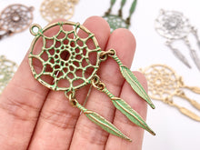 Load image into Gallery viewer, 2.5 Inches Pewter Filigree Dream Catcher Pendants Bulk Order in Gold, Silver, Brass, Copper And Green Patina
