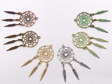 Load image into Gallery viewer, 2.5 Inches Pewter Filigree Dream Catcher Pendants Bulk Order in Gold, Silver, Brass, Copper And Green Patina
