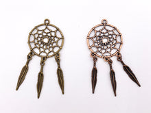 Load image into Gallery viewer, 2.5 Inches Pewter Filigree Dream Catcher Pendants Bulk Order in Gold, Silver, Brass, Copper And Green Patina
