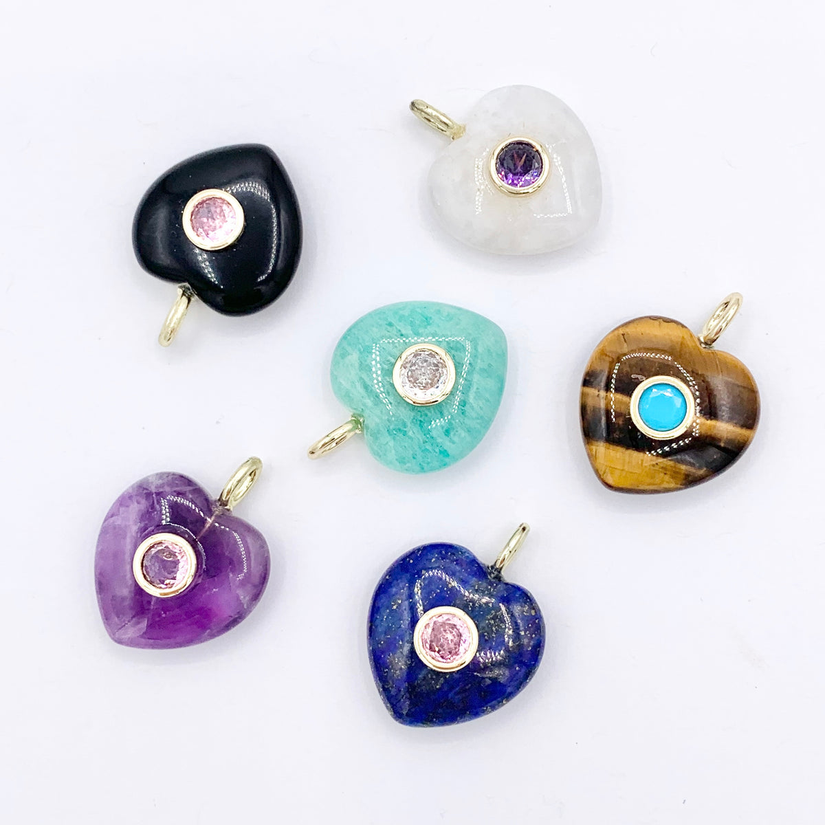18mm Natural Gemstone Puffy Heart Shape Pendant with CZ Pave | Moonstone/ Lapis/ Amethyst/ Obsidian & More 1 PC