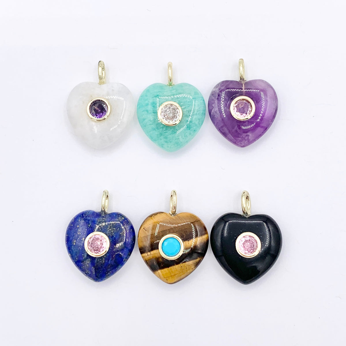 18mm Natural Gemstone Puffy Heart Shape Pendant with CZ Pave | Moonstone/ Lapis/ Amethyst/ Obsidian & More 1 PC