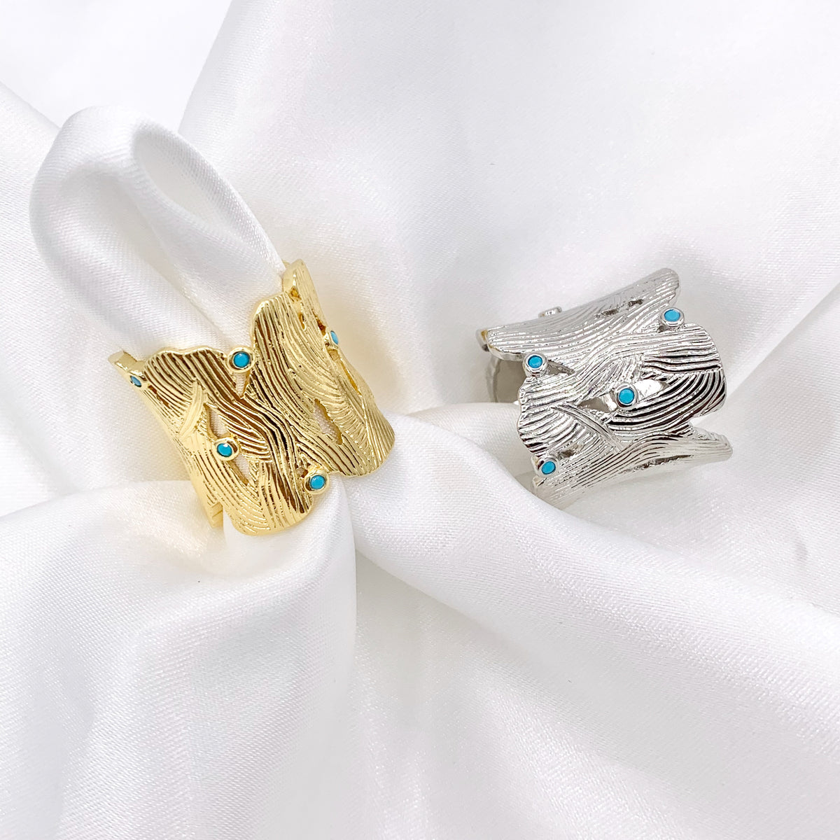 Real Gold/Platinum 18K Plated Copper CZ Pave Thick Textured Ring 3 PCS