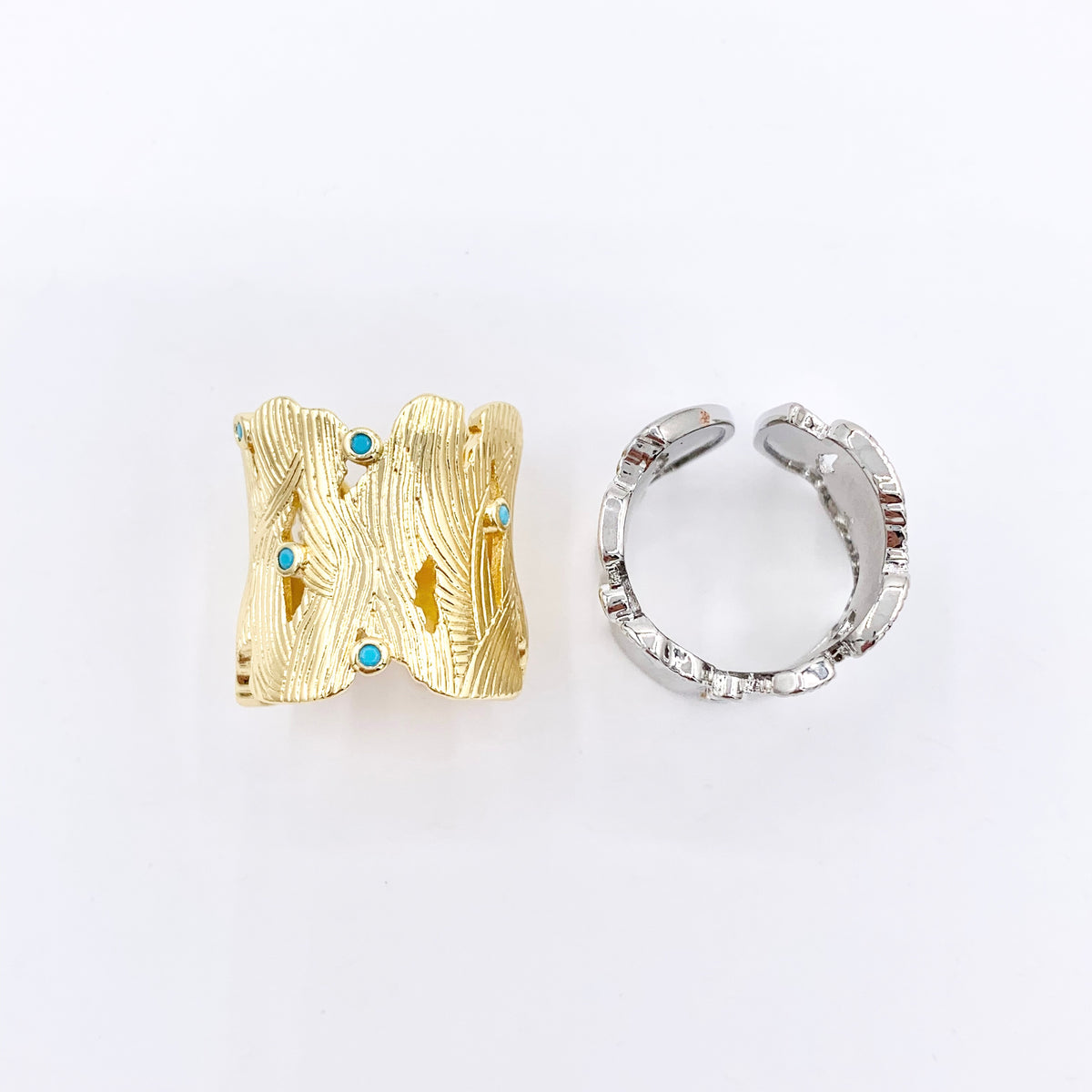 Real Gold/Platinum 18K Plated Copper CZ Pave Thick Textured Ring 3 PCS