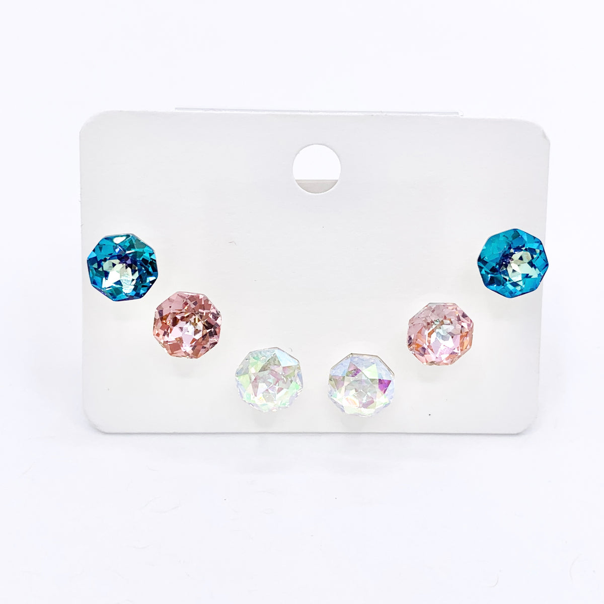 1 Set of 3 Colors Diamond Studs in CZ Pave Silver Plated Over Copper Earrings 3 Pairs