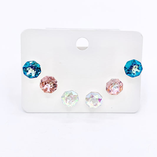 1 Set of 3 Colors Diamond Studs in CZ Pave Silver Plated Over Copper Earrings 3 Pairs