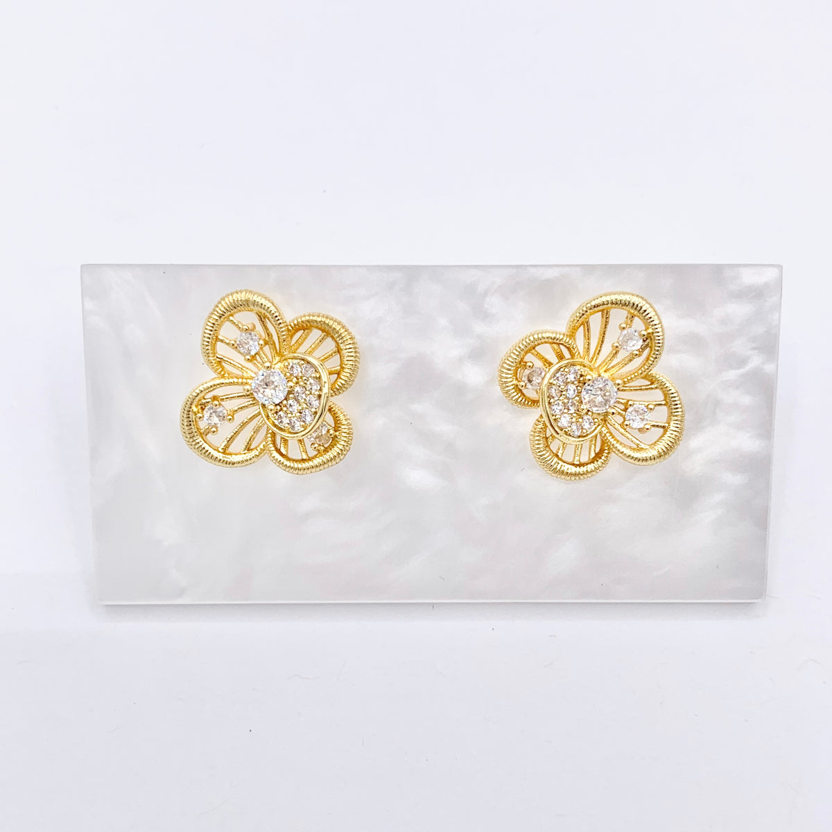 Filigree Flower Earring Studs in Real 18K Gold Plated CZ Pave Over Copper 3 PAIRS