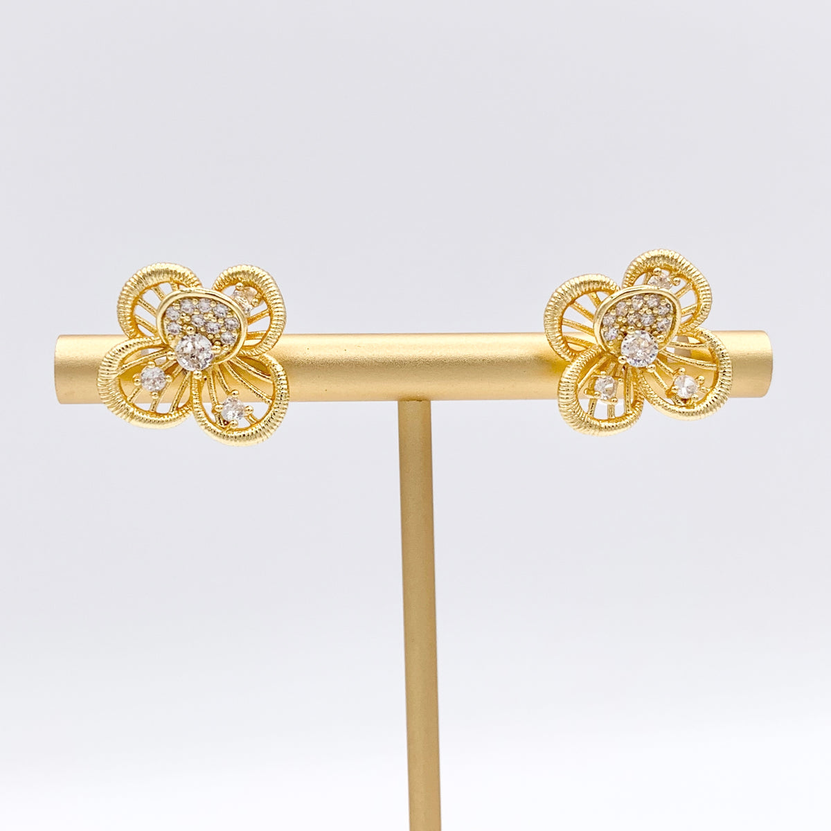 Filigree Flower Earring Studs in Real 18K Gold Plated CZ Pave Over Copper 3 PAIRS