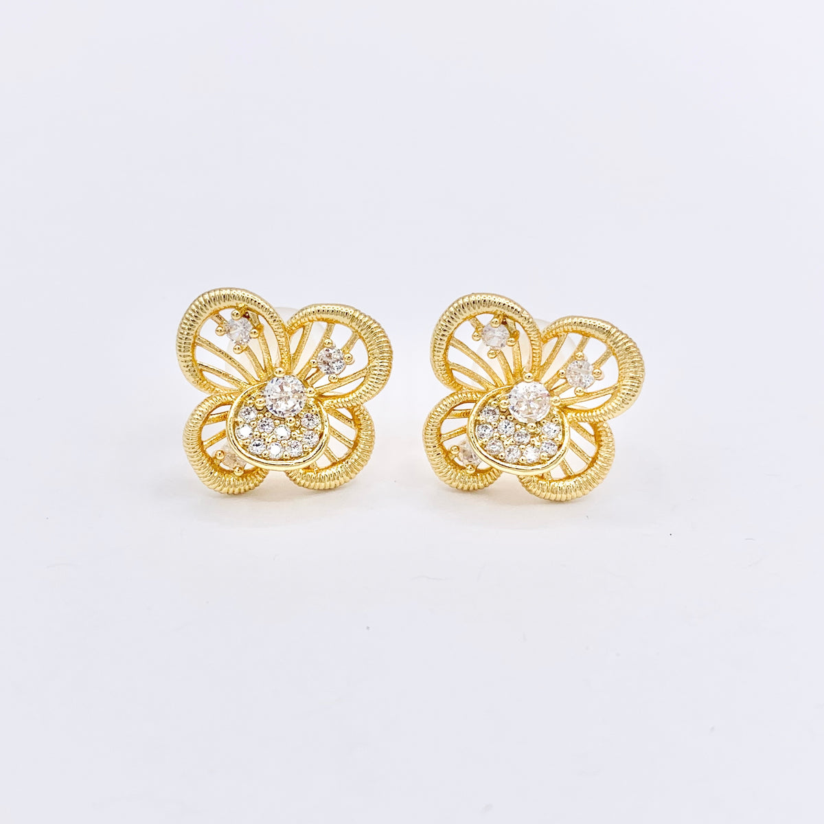 Filigree Flower Earring Studs in Real 18K Gold Plated CZ Pave Over Copper 3 PAIRS