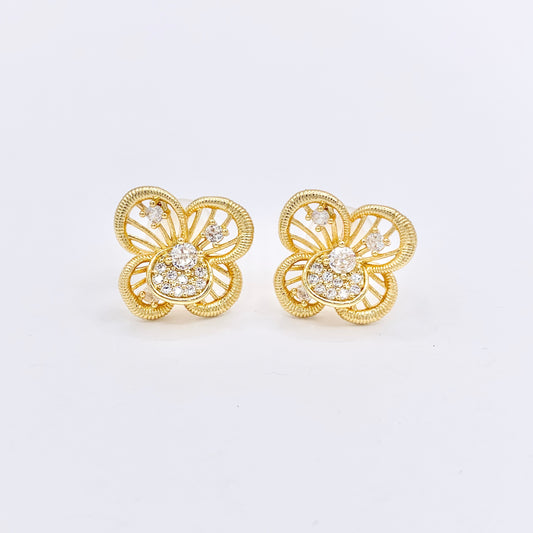 Filigree Flower Earring Studs in Real 18K Gold Plated CZ Pave Over Copper 3 PAIRS