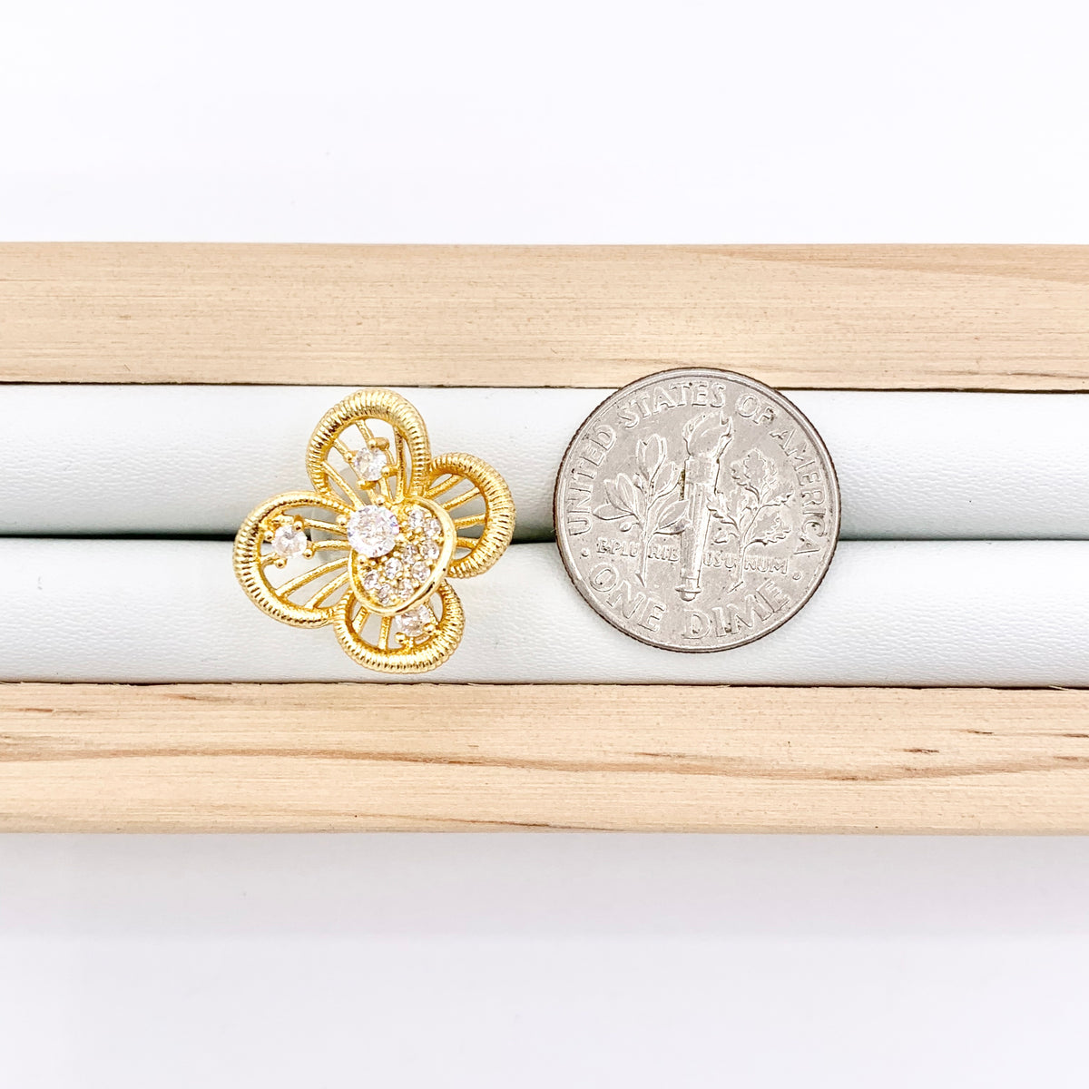 Filigree Flower Earring Studs in Real 18K Gold Plated CZ Pave Over Copper 3 PAIRS