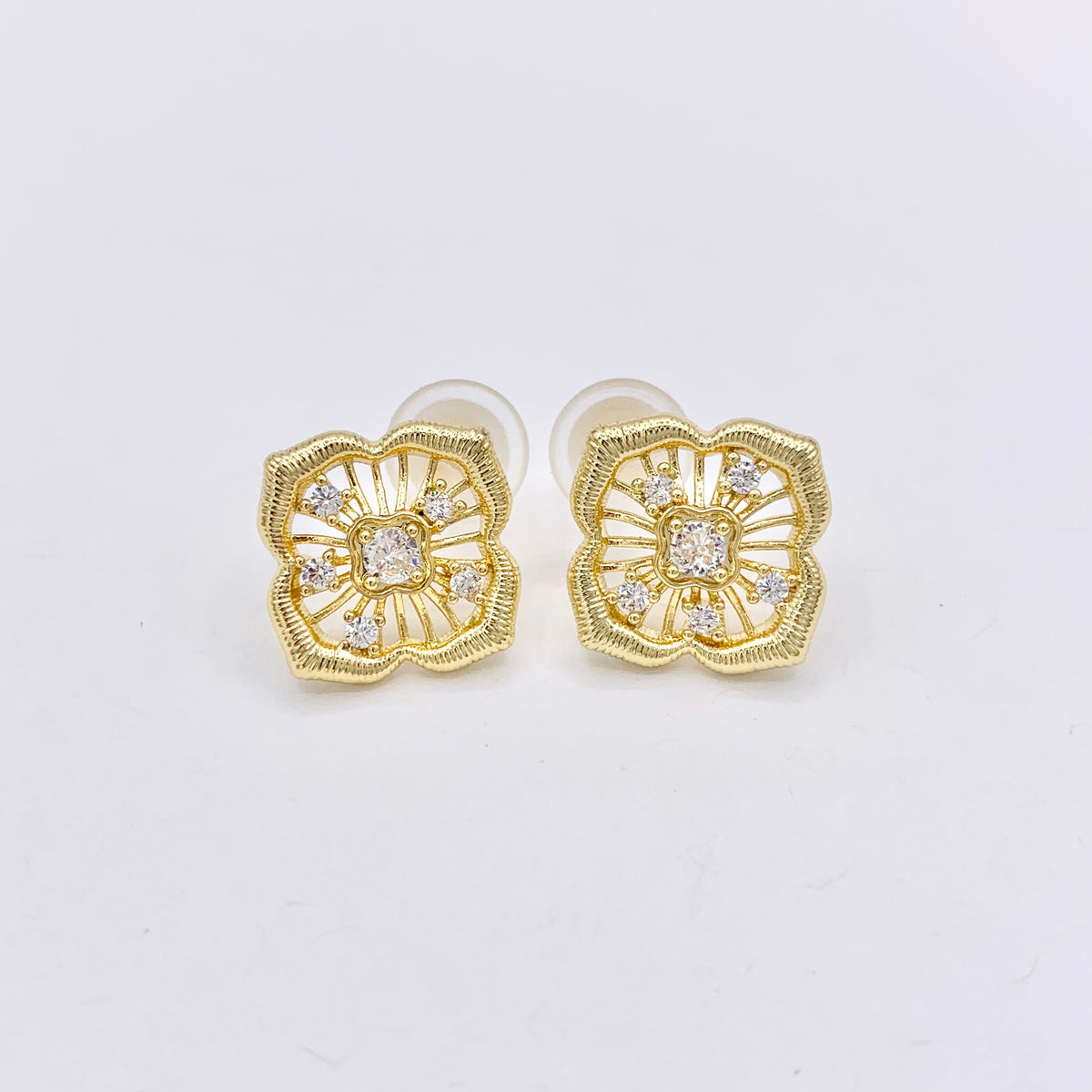 Filigree Flower Earring Studs in Real 18K Gold Plated CZ Pave Over Copper 4 PAIRS
