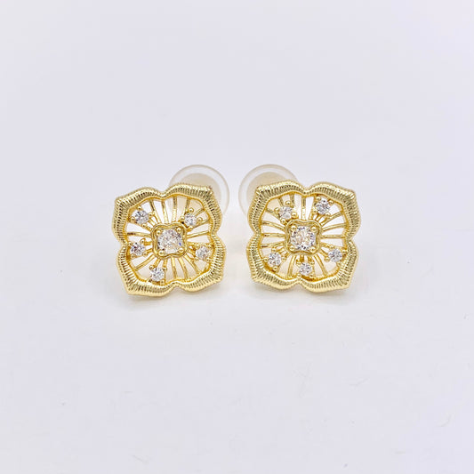 Filigree Flower Earring Studs in Real 18K Gold Plated CZ Pave Over Copper 4 PAIRS