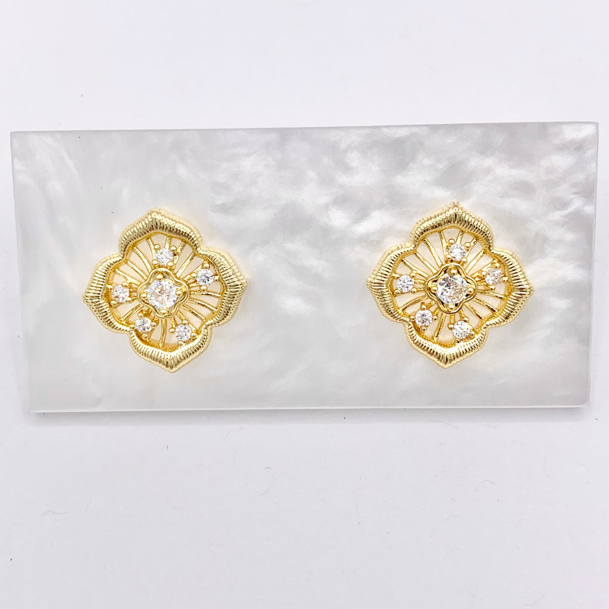 Filigree Flower Earring Studs in Real 18K Gold Plated CZ Pave Over Copper 4 PAIRS