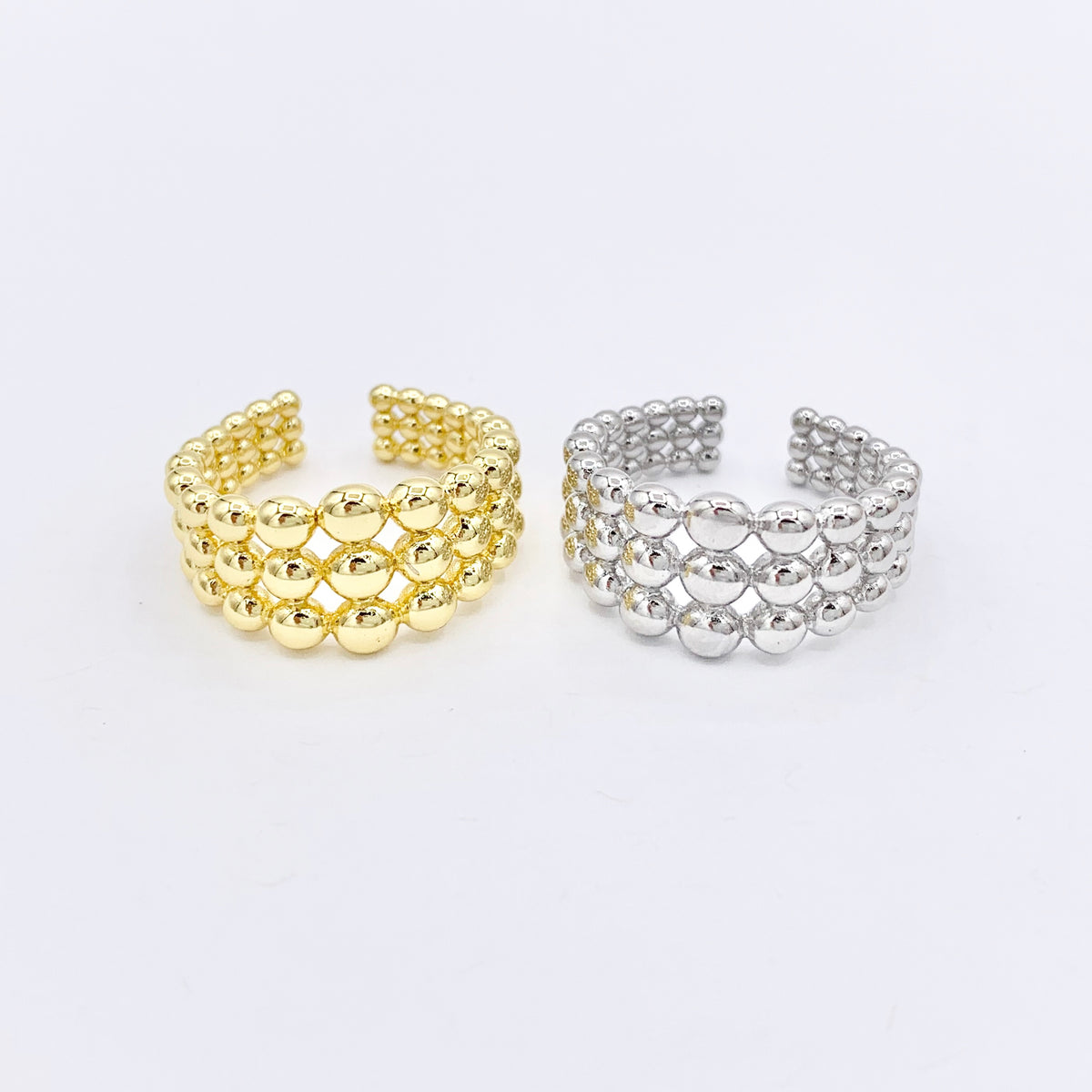 Thick Beaded Adjustable Ring in Real Gold/Silver 18K Plated Over Copper 5 PCS