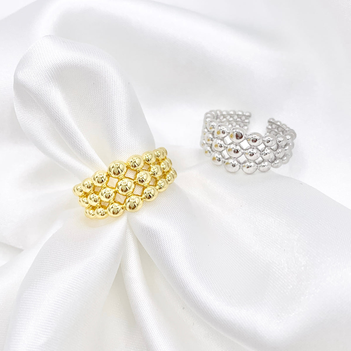 Thick Beaded Adjustable Ring in Real Gold/Silver 18K Plated Over Copper 5 PCS