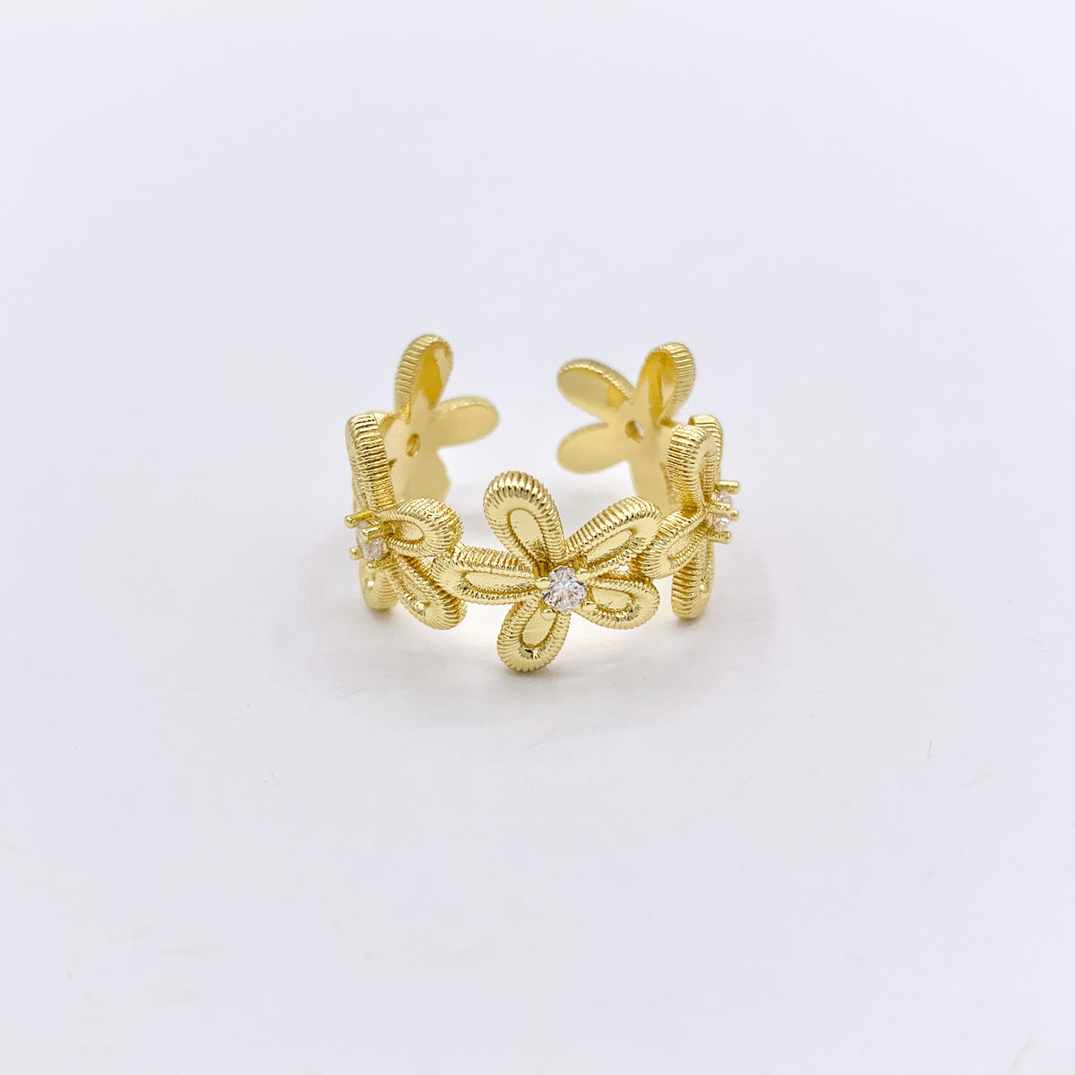 Delicate Daisy Cubic Zirconia Rhinestone Flower Ring Adjustable Rings in 18K Gold Plated Copper 5 PCS