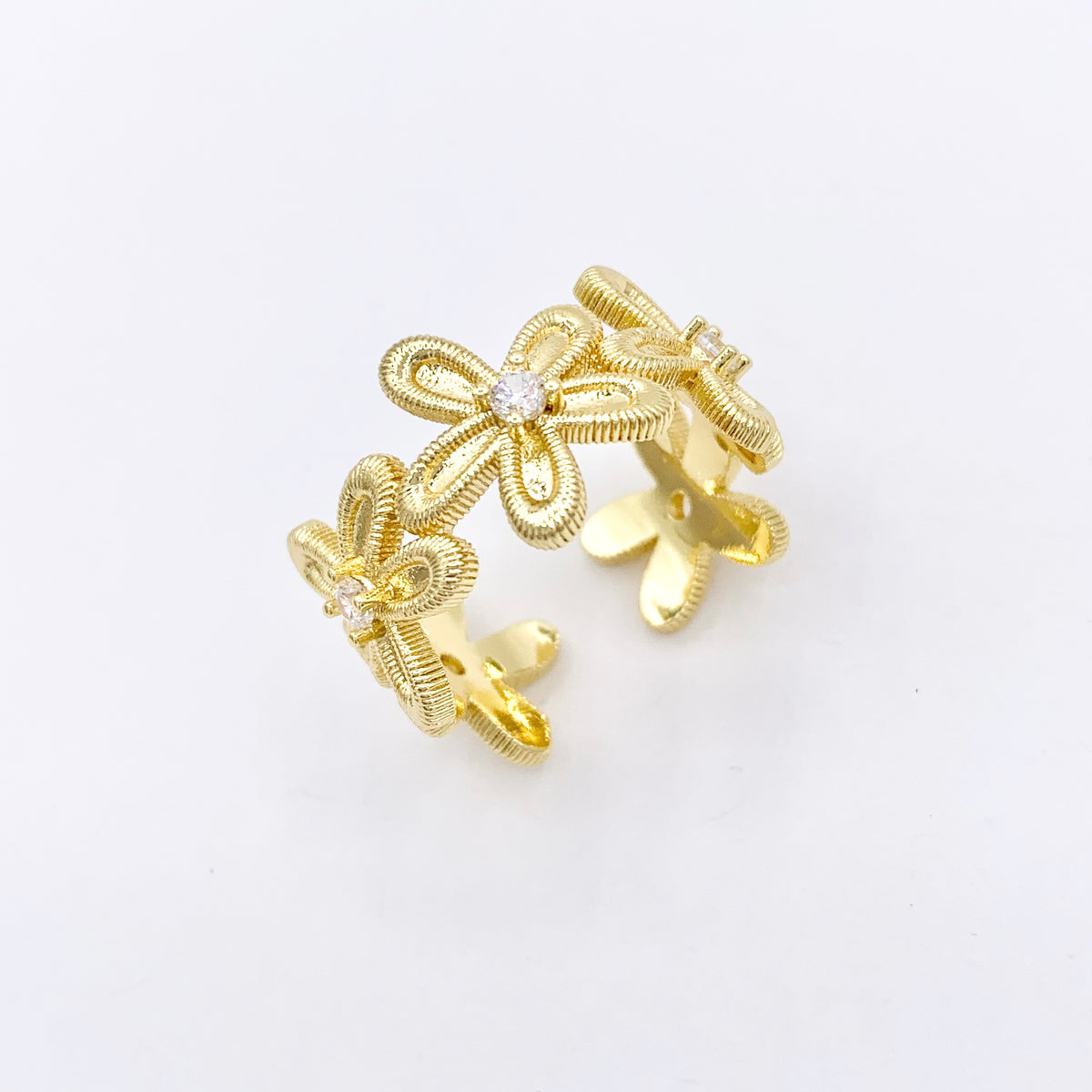 Delicate Daisy Cubic Zirconia Rhinestone Flower Ring Adjustable Rings in 18K Gold Plated Copper 5 PCS