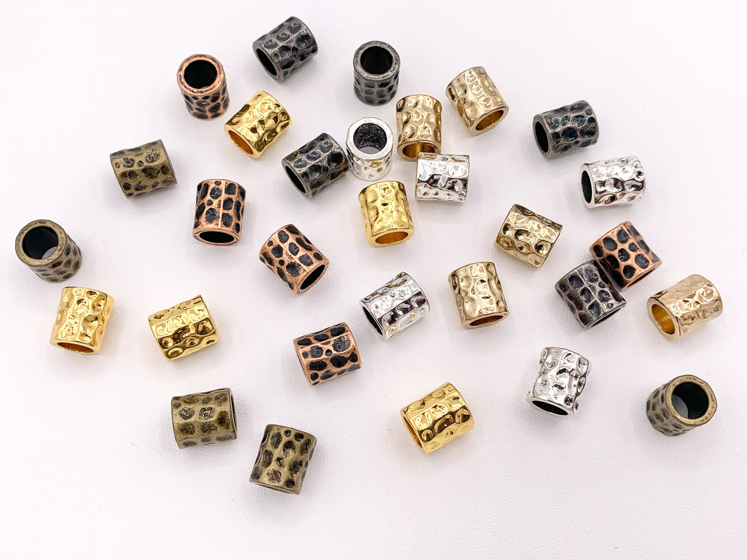 9x10mm Tubo martillado de peltre Agujero grande Barril Espaciador Cuentas Oro, Oro claro, Plata, Bronce, Cobre y Gunmetal Pedido a granel 125 gramos