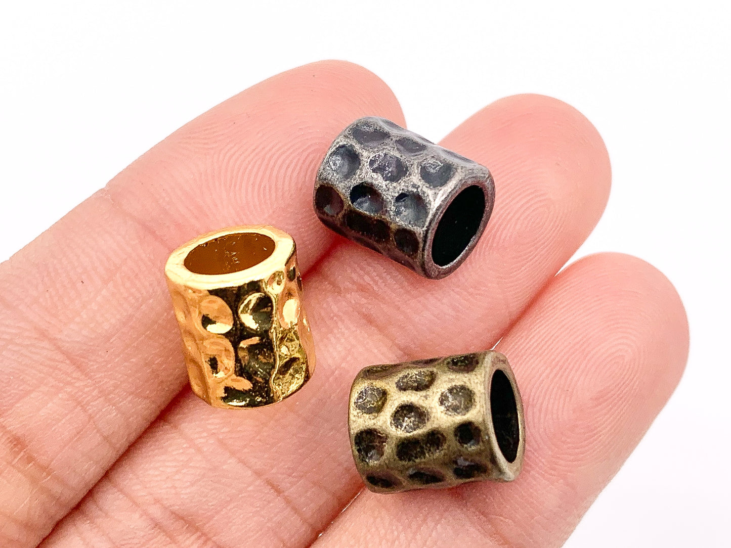9x10mm Tubo martillado de peltre Agujero grande Barril Espaciador Cuentas Oro, Oro claro, Plata, Bronce, Cobre y Gunmetal Pedido a granel 125 gramos