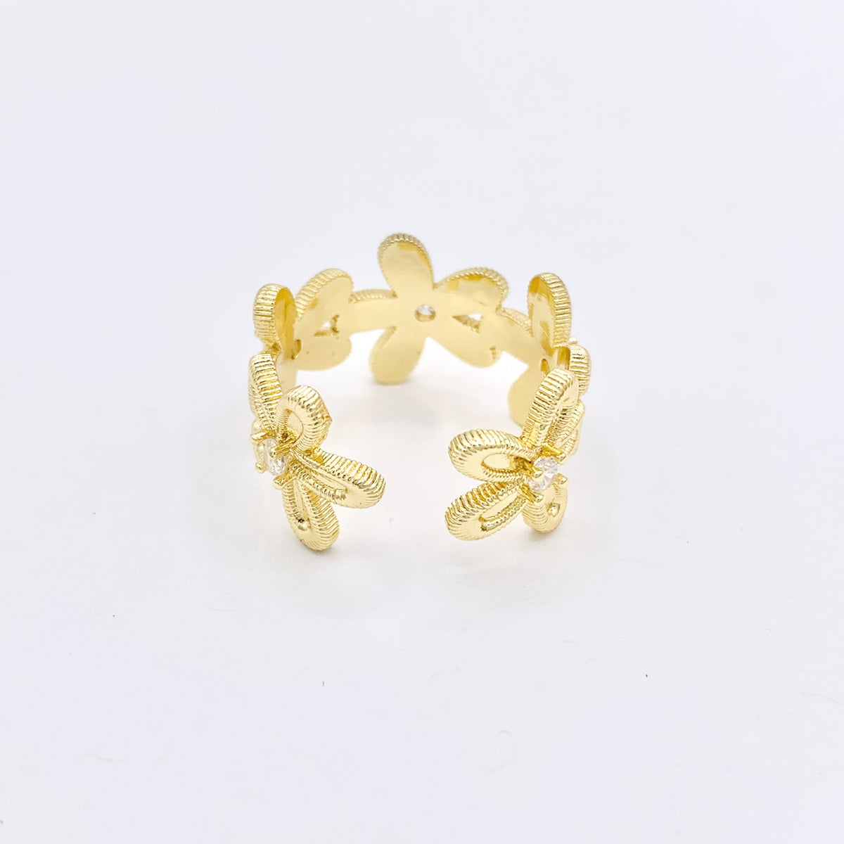 Delicate Daisy Cubic Zirconia Rhinestone Flower Ring Adjustable Rings in 18K Gold Plated Copper 5 PCS