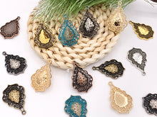 Load image into Gallery viewer, 24x37mm/1x1.5 inches Pewter Detailed Filigree Teardrop Pendants Bulk Order in Gold, Silver, Copper, Brass, Gunmetal and Blue Patina
