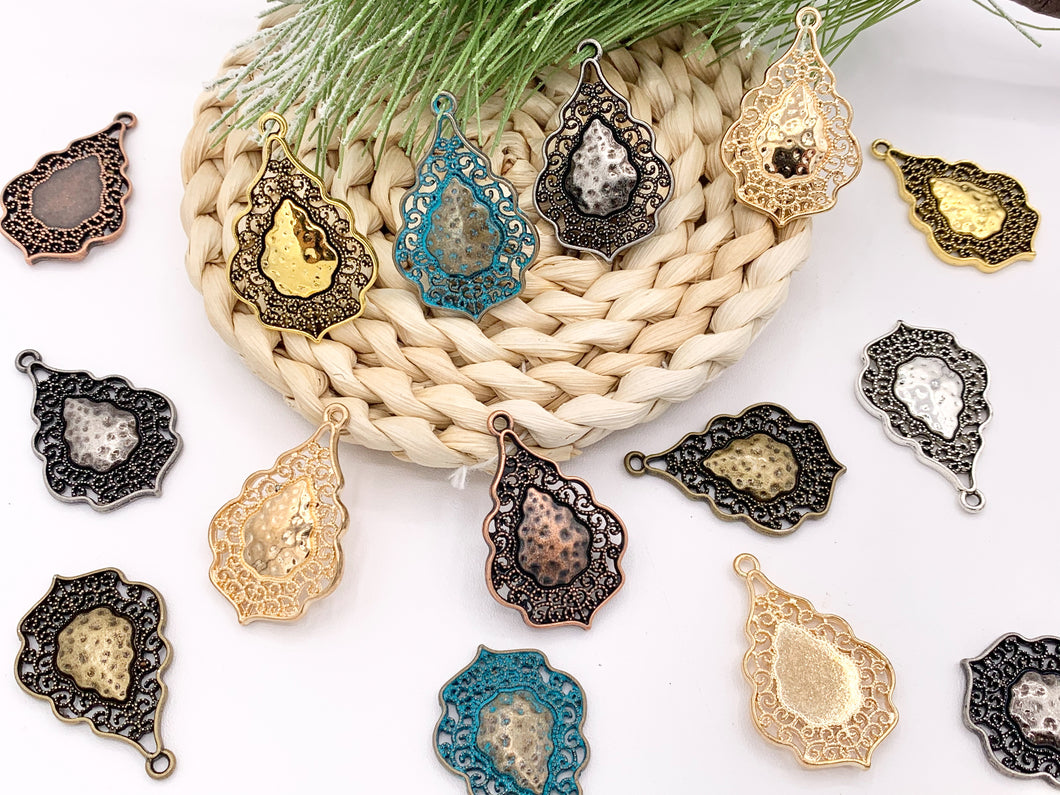 24x37mm/1x1.5 inches Pewter Detailed Filigree Teardrop Pendants Bulk Order in Gold, Silver, Copper, Brass, Gunmetal and Blue Patina