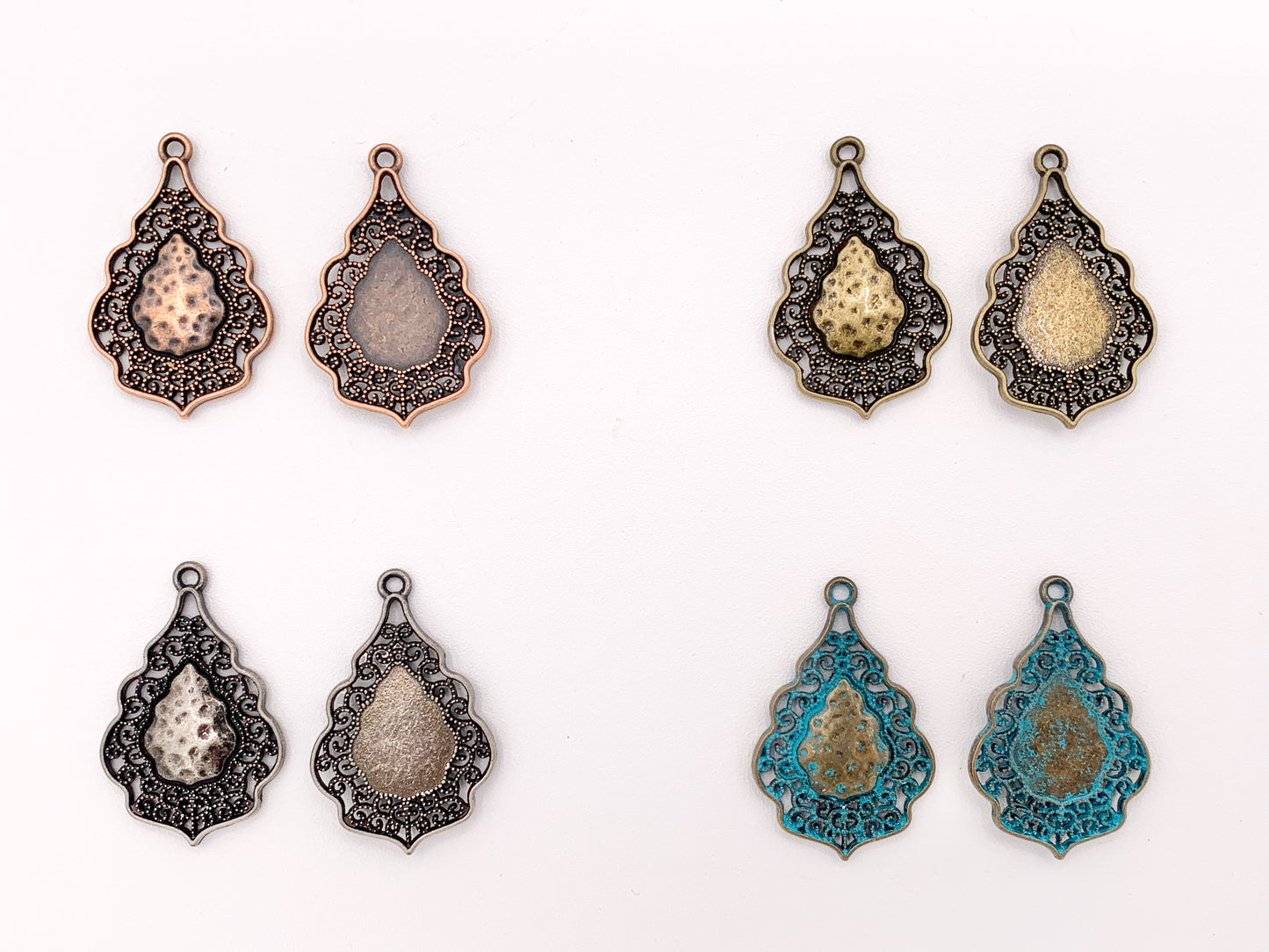 Colgantes de lágrima de filigrana detallados de peltre de 24x37 mm/1x1,5 pulgadas, pedido a granel en oro, plata, cobre, latón, bronce y pátina azul