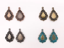 Load image into Gallery viewer, 24x37mm/1x1.5 inches Pewter Detailed Filigree Teardrop Pendants Bulk Order in Gold, Silver, Copper, Brass, Gunmetal and Blue Patina
