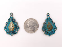 Load image into Gallery viewer, 24x37mm/1x1.5 inches Pewter Detailed Filigree Teardrop Pendants Bulk Order in Gold, Silver, Copper, Brass, Gunmetal and Blue Patina
