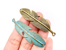 Load image into Gallery viewer, 15x57mm/ 2.25 inches Pewter Feather Connectors Native American Indian Style Bulk Order in Antique Gold, Silver, Copper, Brass And Patina
