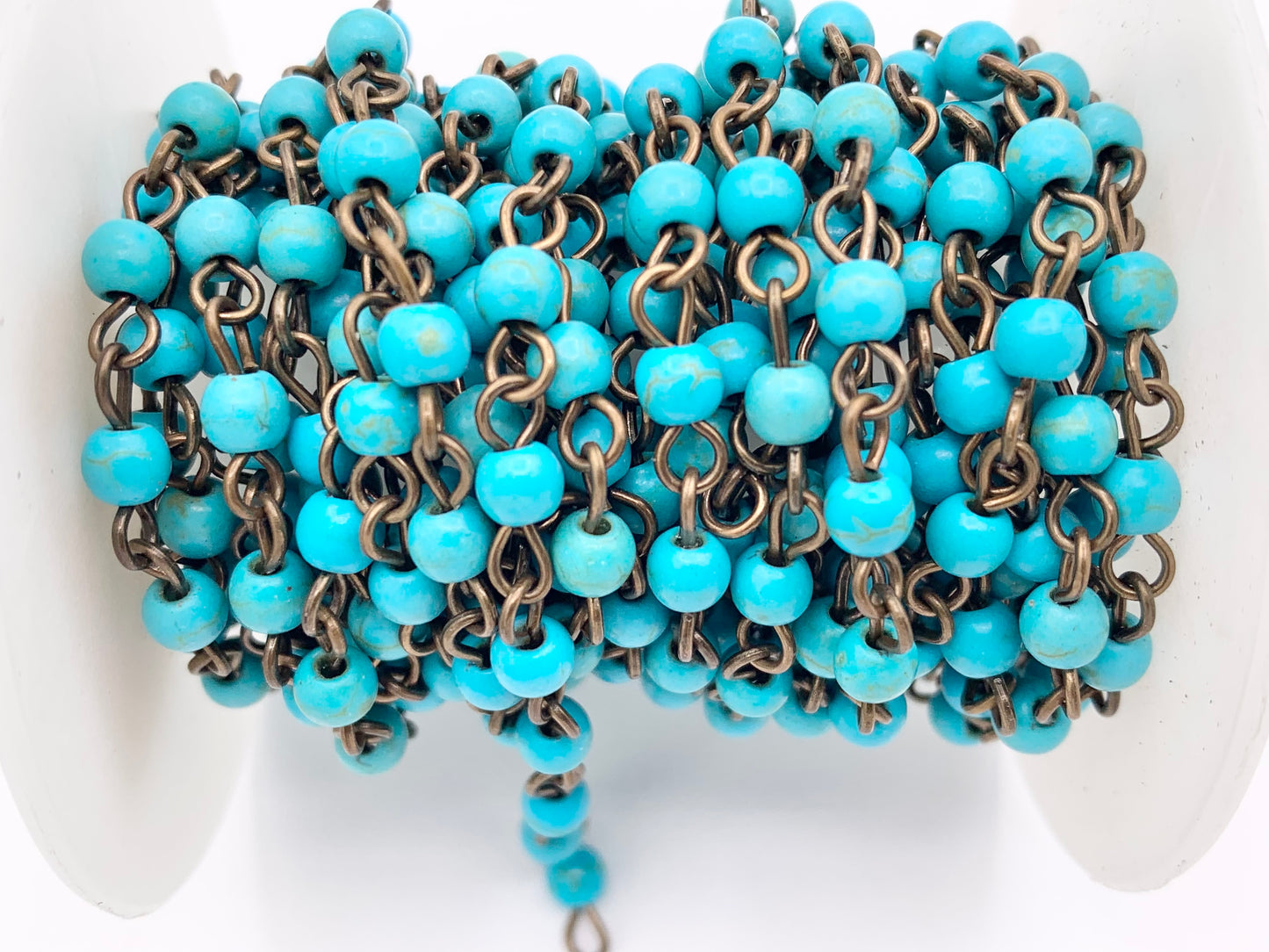 Vintage Turquoise Howlite Round Smooth Rosary Style Beaded Chain With Brass And Silver Wire 1 Spool 4mm 6mm 8mm 10mm 12mm