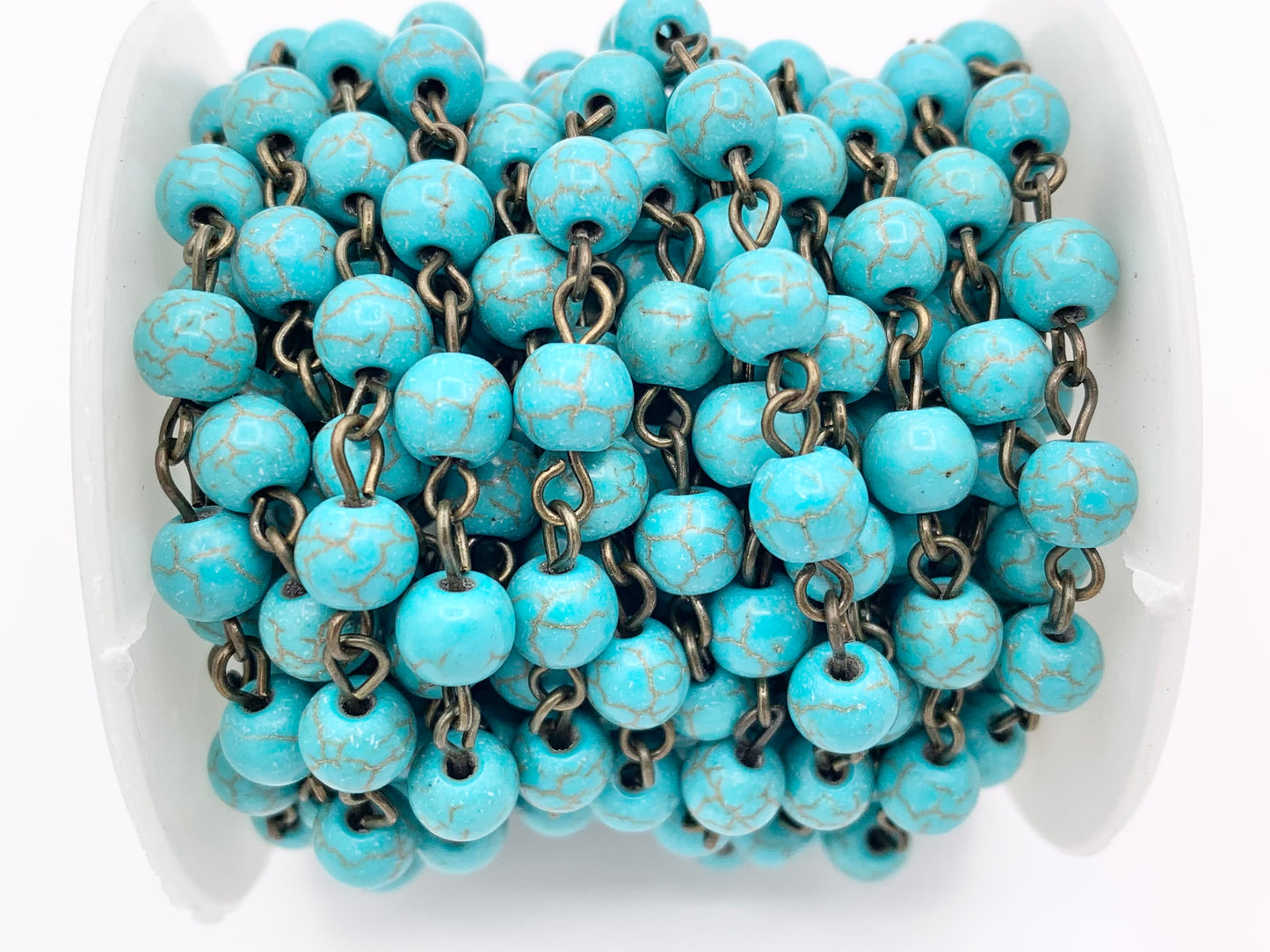 Vintage Turquoise Howlite Round Smooth Rosary Style Beaded Chain With Brass And Silver Wire 1 Spool 4mm 6mm 8mm 10mm 12mm