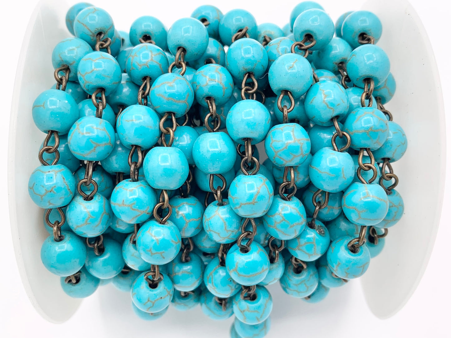 Vintage Turquoise Howlite Round Smooth Rosary Style Beaded Chain With Brass And Silver Wire 1 Spool 4mm 6mm 8mm 10mm 12mm