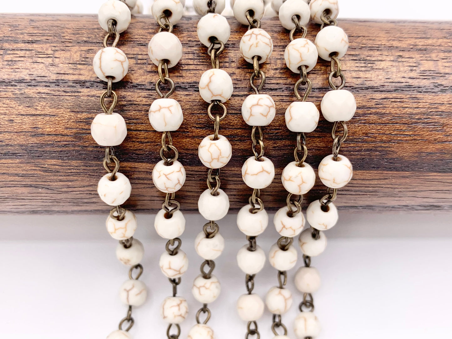 Vintage White Howlite Roumd Faceted Rosary Style Beaded Chain With Brass Wire 1 Spool 6mm 8mm