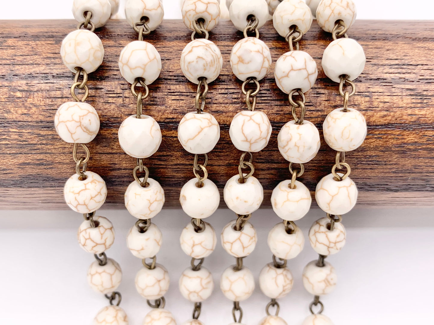 Vintage White Howlite Roumd Faceted Rosary Style Beaded Chain With Brass Wire 1 Spool 6mm 8mm