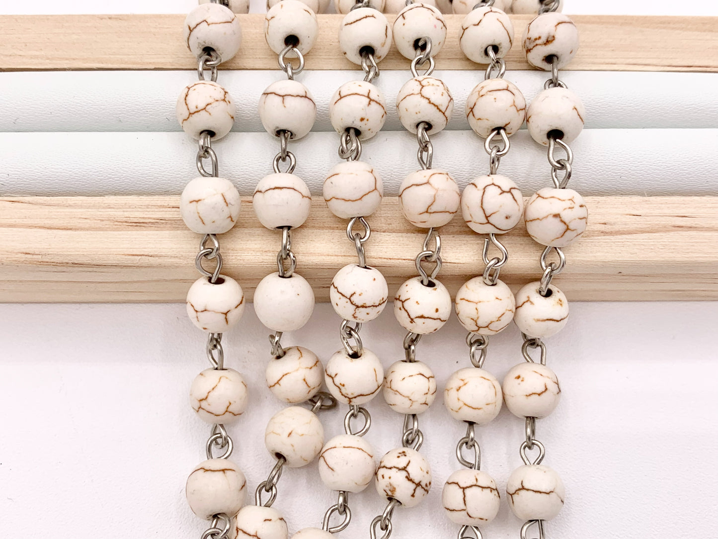Vintage White Howlite Round Smooth Rosary Style Beaded Chain With Silver Wire 1 Spool 4mm 6mm 8mm 10mm 12mm