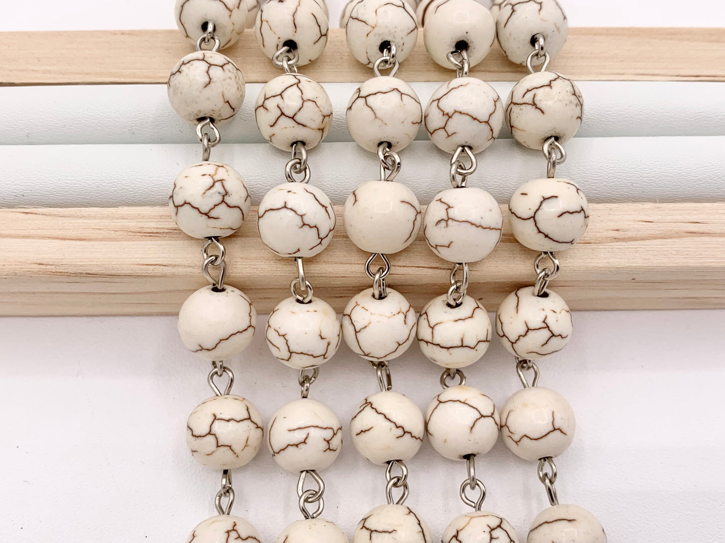 Vintage White Howlite Round Smooth Rosary Style Beaded Chain With Silver Wire 1 Spool 4mm 6mm 8mm 10mm 12mm
