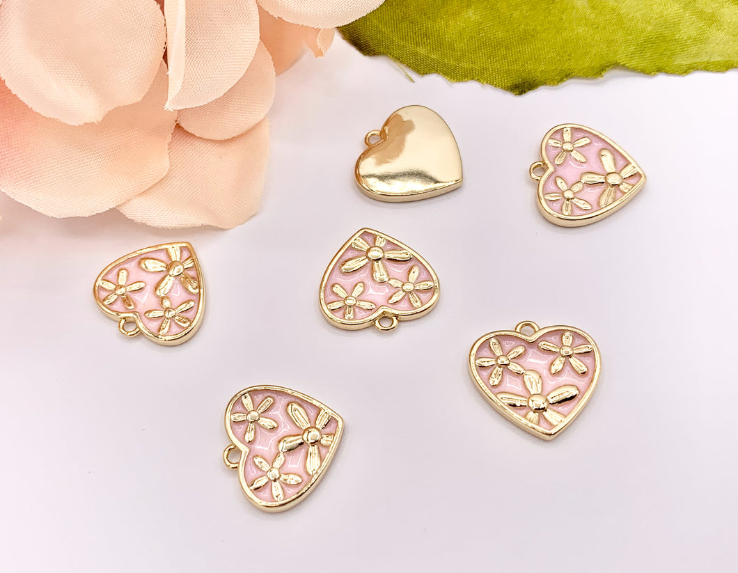 Cute Pink Enamel Floral Heart Charms in 18K Gold Plated Over Copper 8 PCS