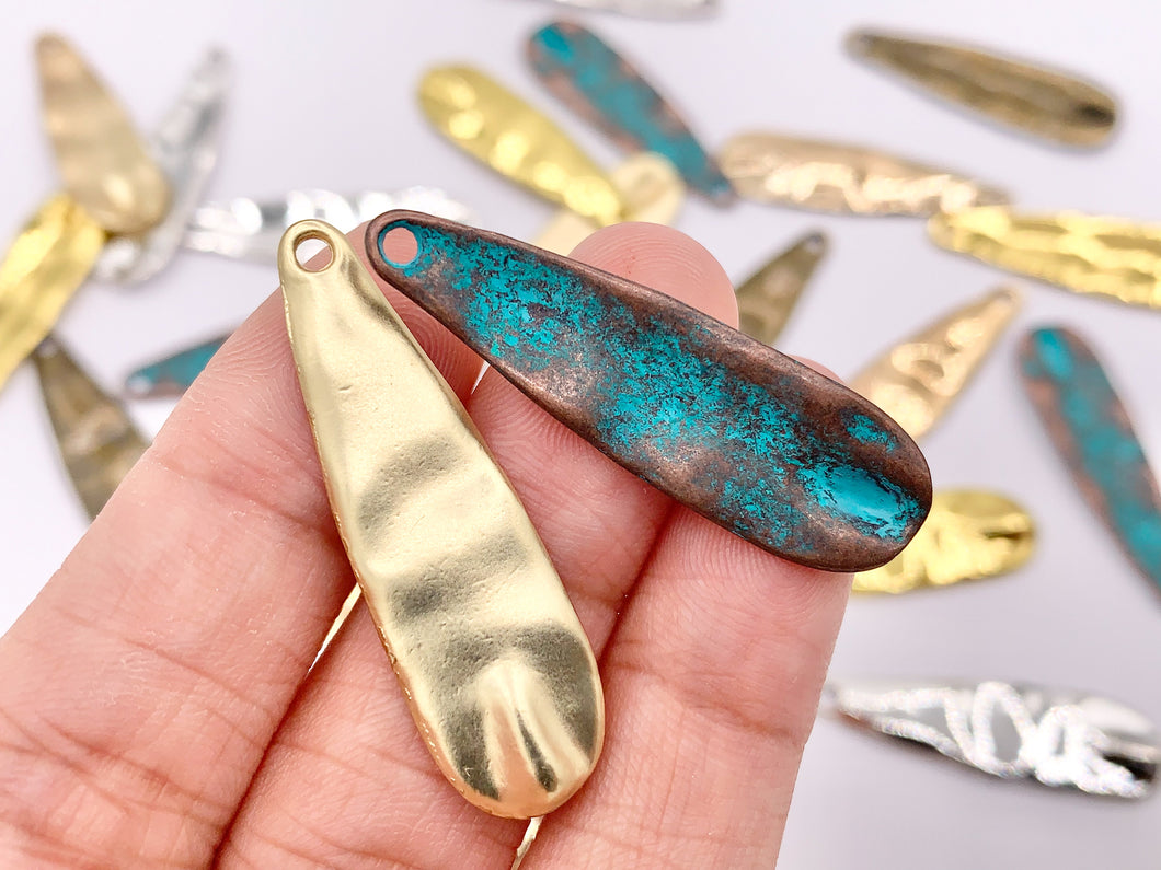 10x36mm Pewter Hammered Thin Teardrop Pendants Bulk Order in Matte Gold, Gold, Silver, Brass and Patina