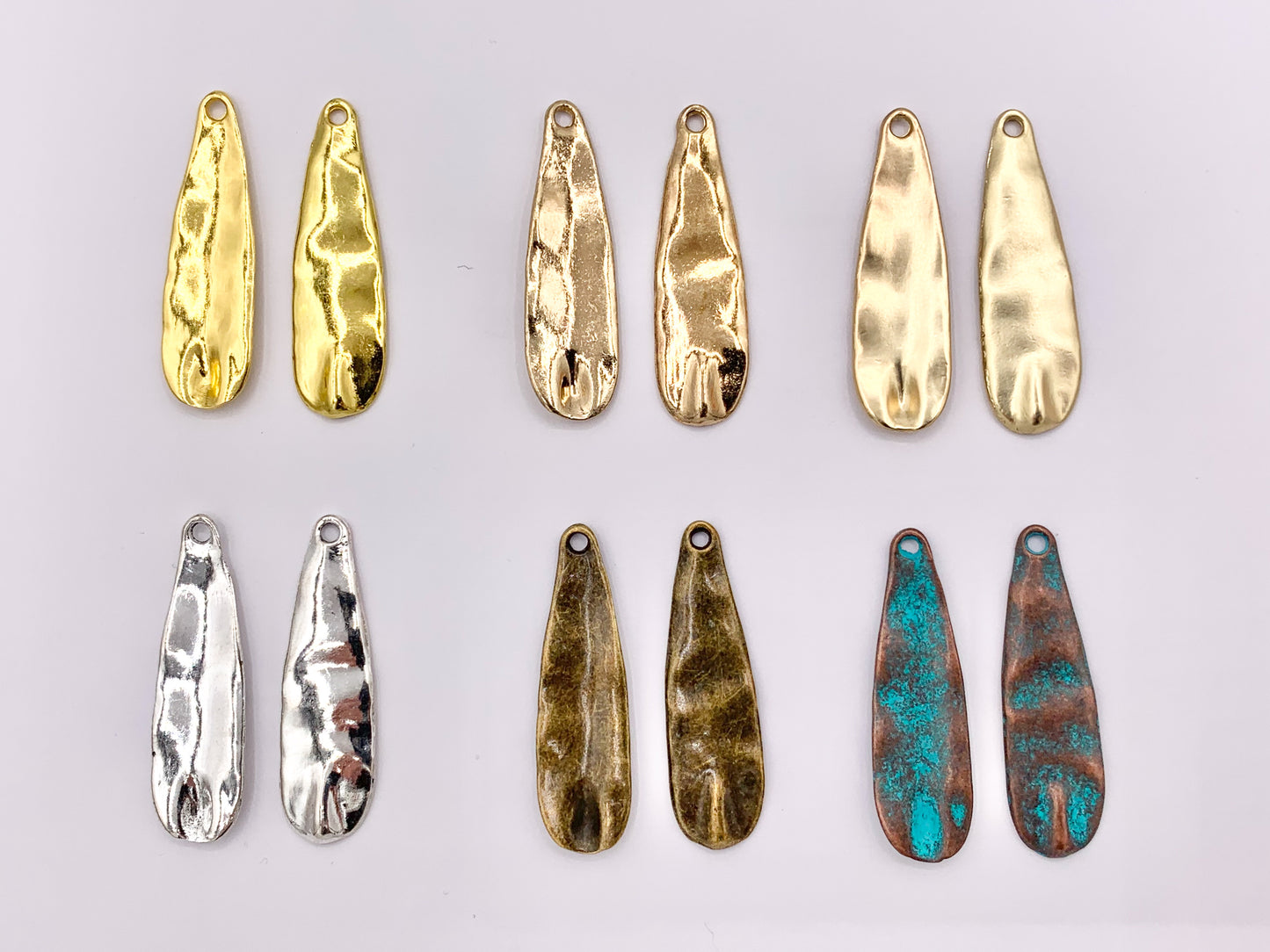 10x36mm Pewter Hammered Thin Teardrop Pendants Bulk Order in Matte Gold, Gold, Silver, Brass and Patina