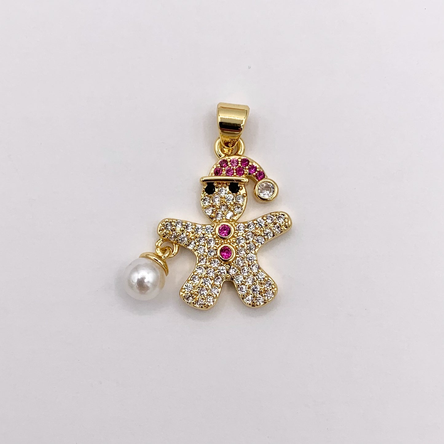 Gingerbread Man Charm with Pearl Holiday Pendant in Real Gold 18K Plated Micro CZ Pave Over Copper  5 PCS
