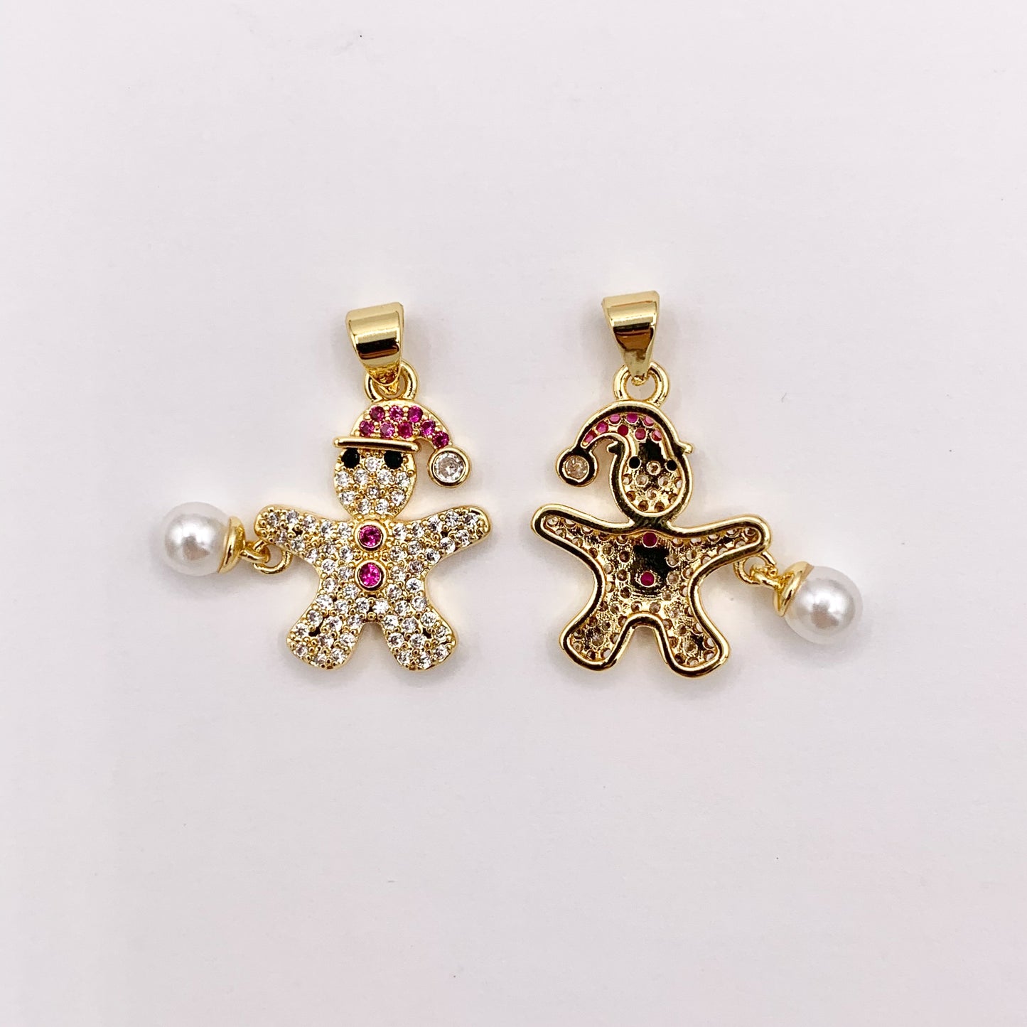 Gingerbread Man Charm with Pearl Holiday Pendant in Real Gold 18K Plated Micro CZ Pave Over Copper  5 PCS