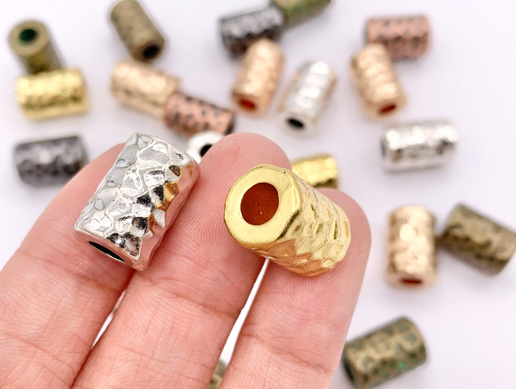 10x15mm Pewter Hammered Tube Large Hole Barrel Spacer Beads Gold, Rosy Gold, Silver, Bronze, Copper, Gunmetal and Patina