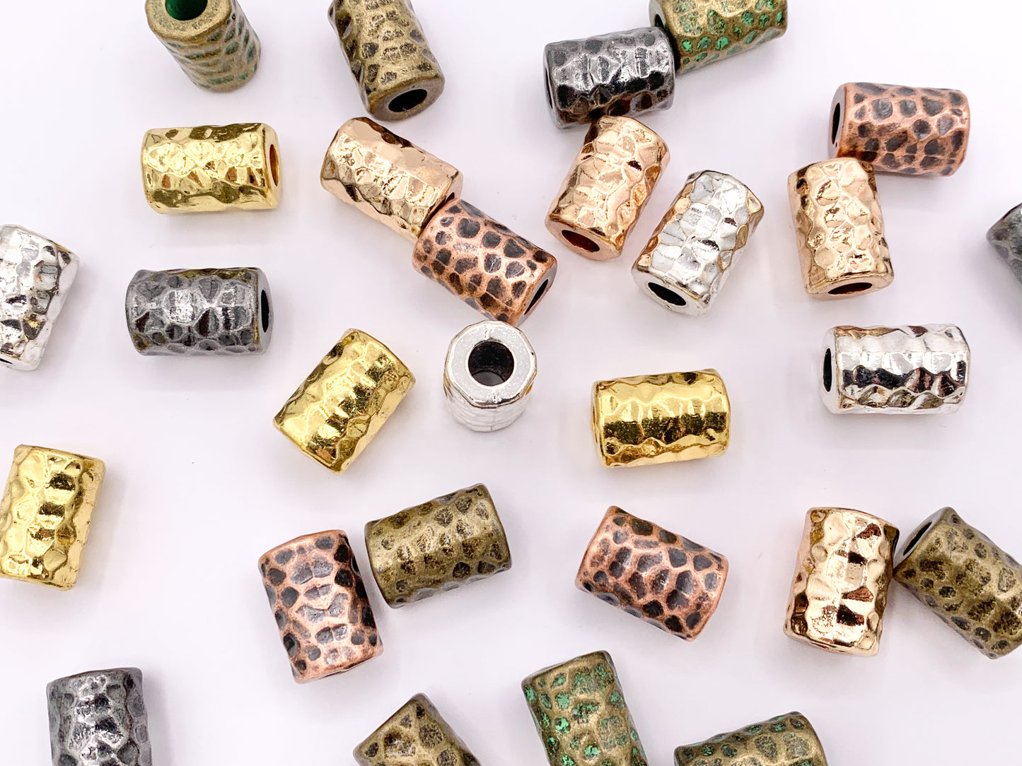 10x15mm Pewter Hammered Tube Large Hole Barrel Spacer Beads Gold, Rosy Gold, Silver, Bronze, Copper, Gunmetal and Patina