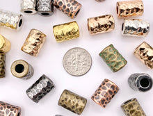 Cargar imagen en el visor de la galería, 10x15mm Pewter Hammered Tube Large Hole Barrel Spacer Beads Gold, Rosy Gold, Silver, Bronze, Copper, Gunmetal and Patina
